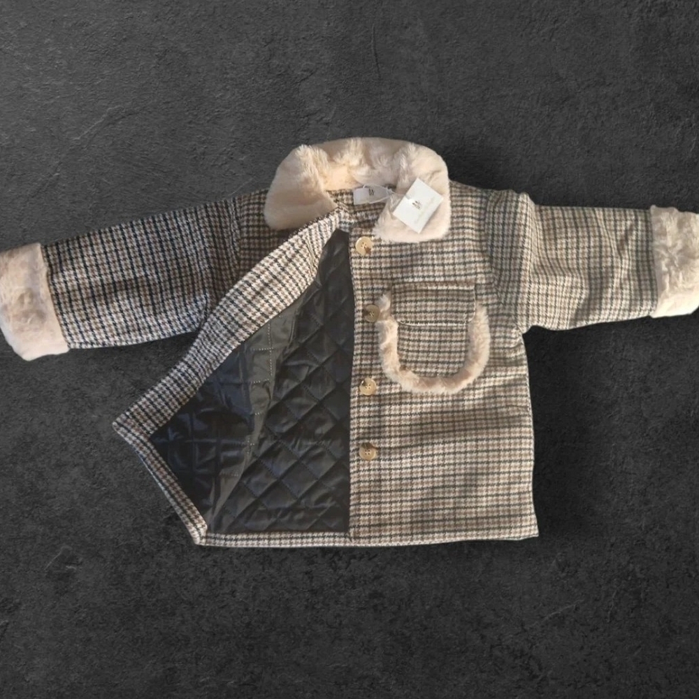 Plaid Jacket with Faux Fur Trim